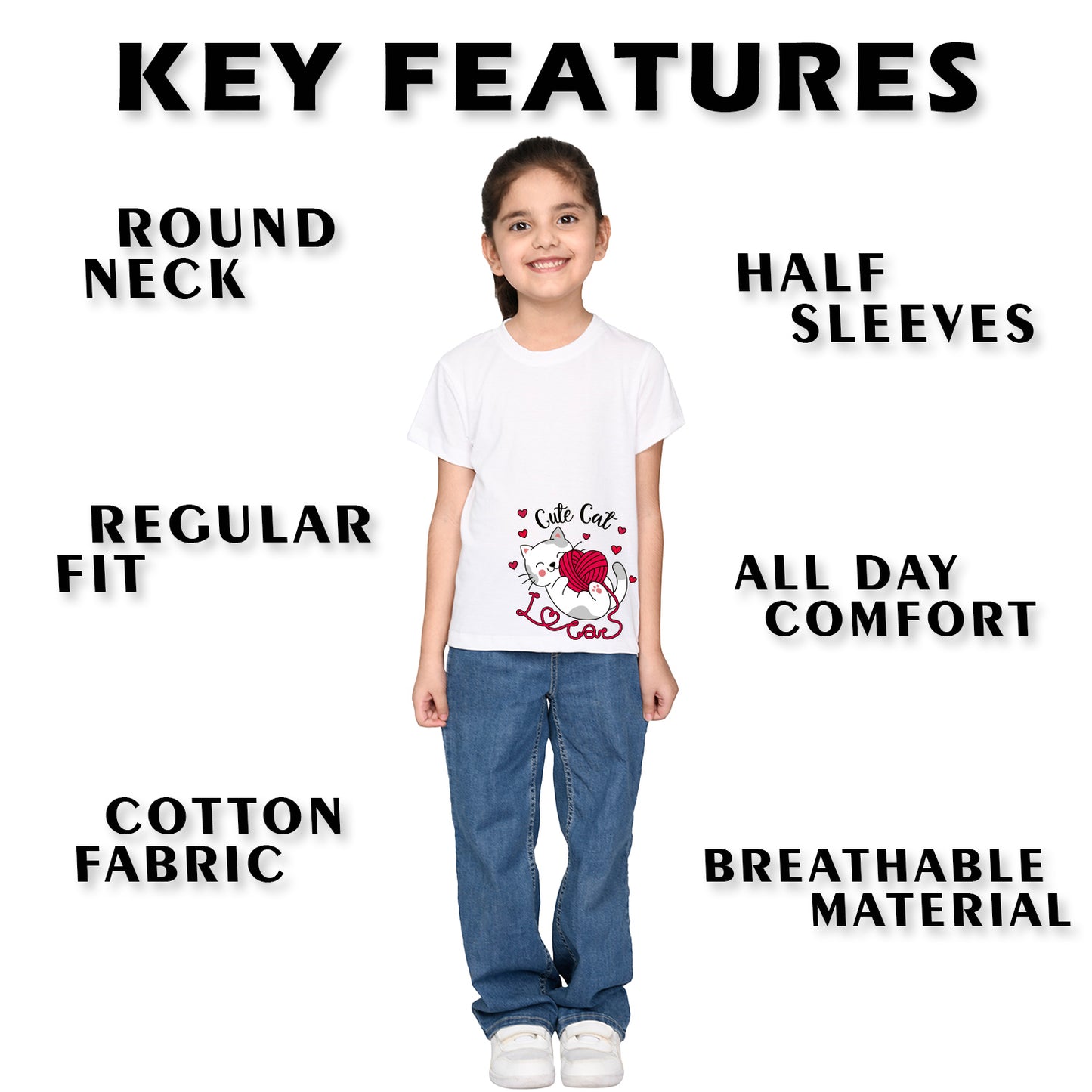 Nusyl Girl's White Cute cat Printed Regular Fit T-Shirt