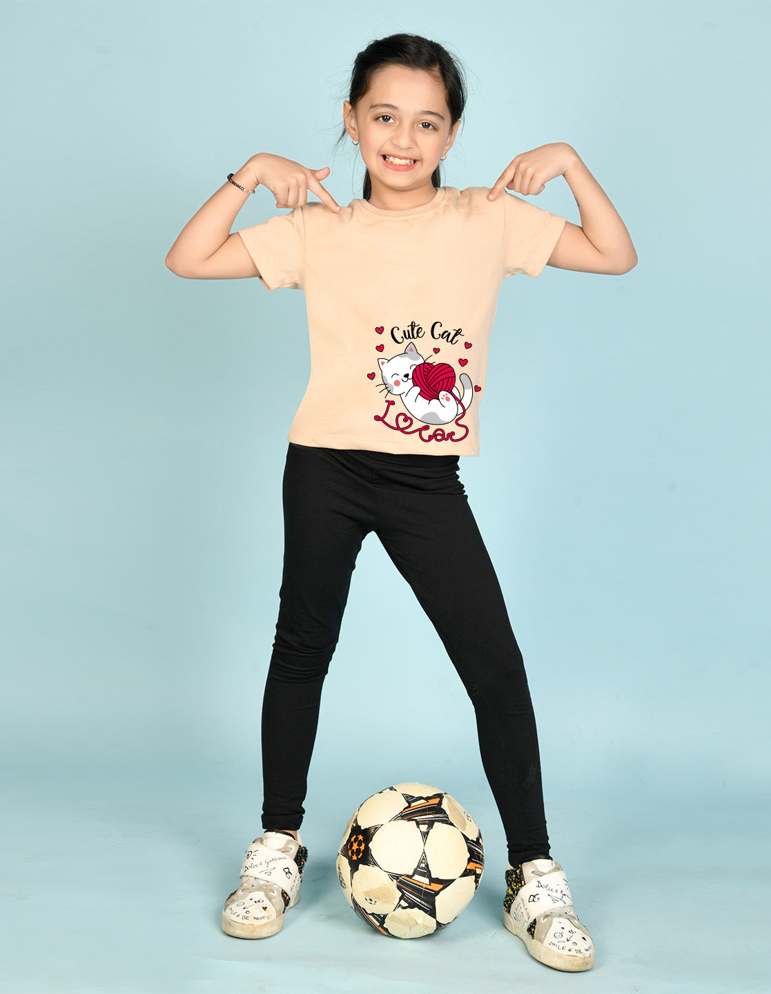 Nusyl Girl's Beige Cute cat Printed Regular Fit T-Shirt
