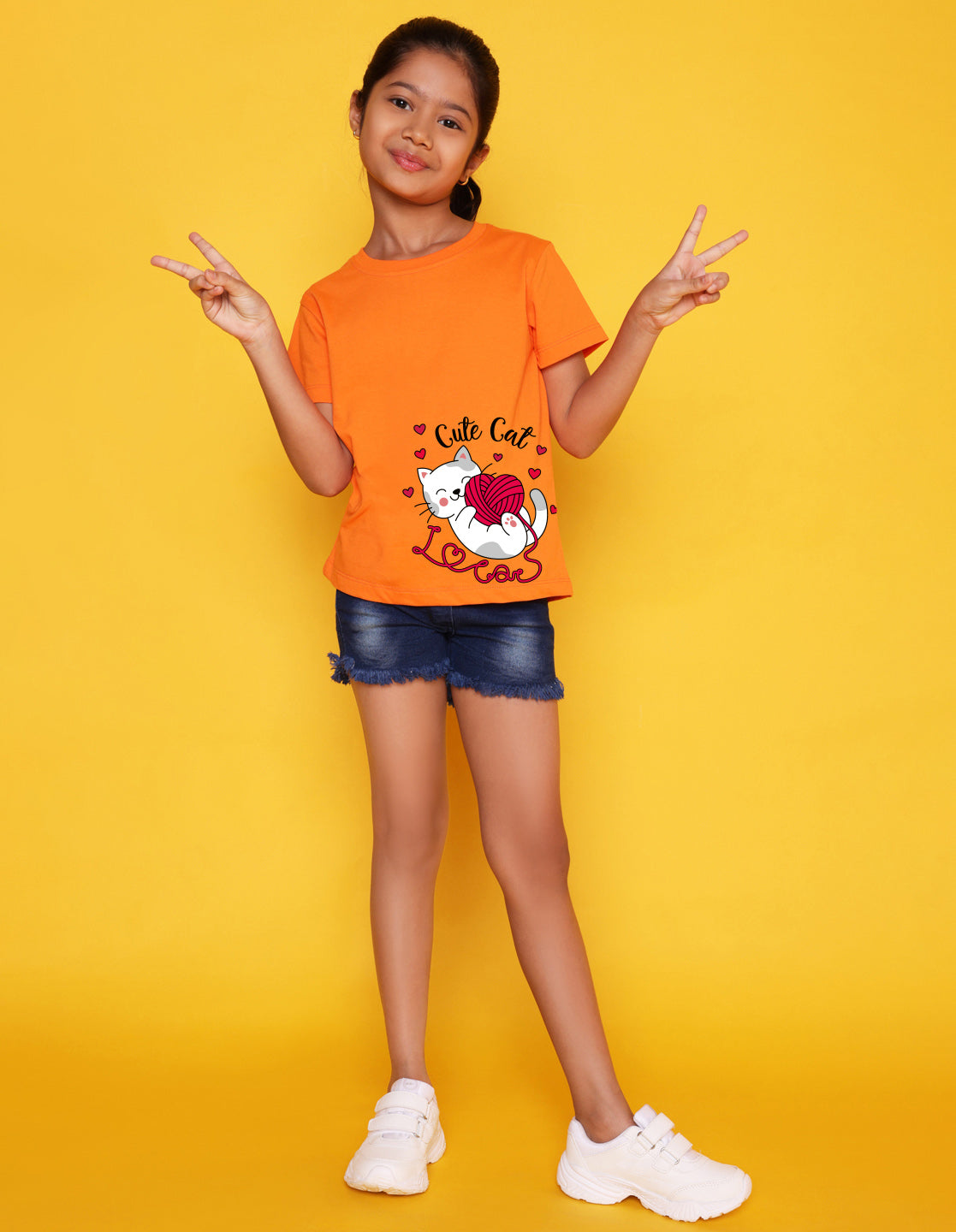 Nusyl Girl's Orange Cute cat Printed Regular Fit T-Shirt
