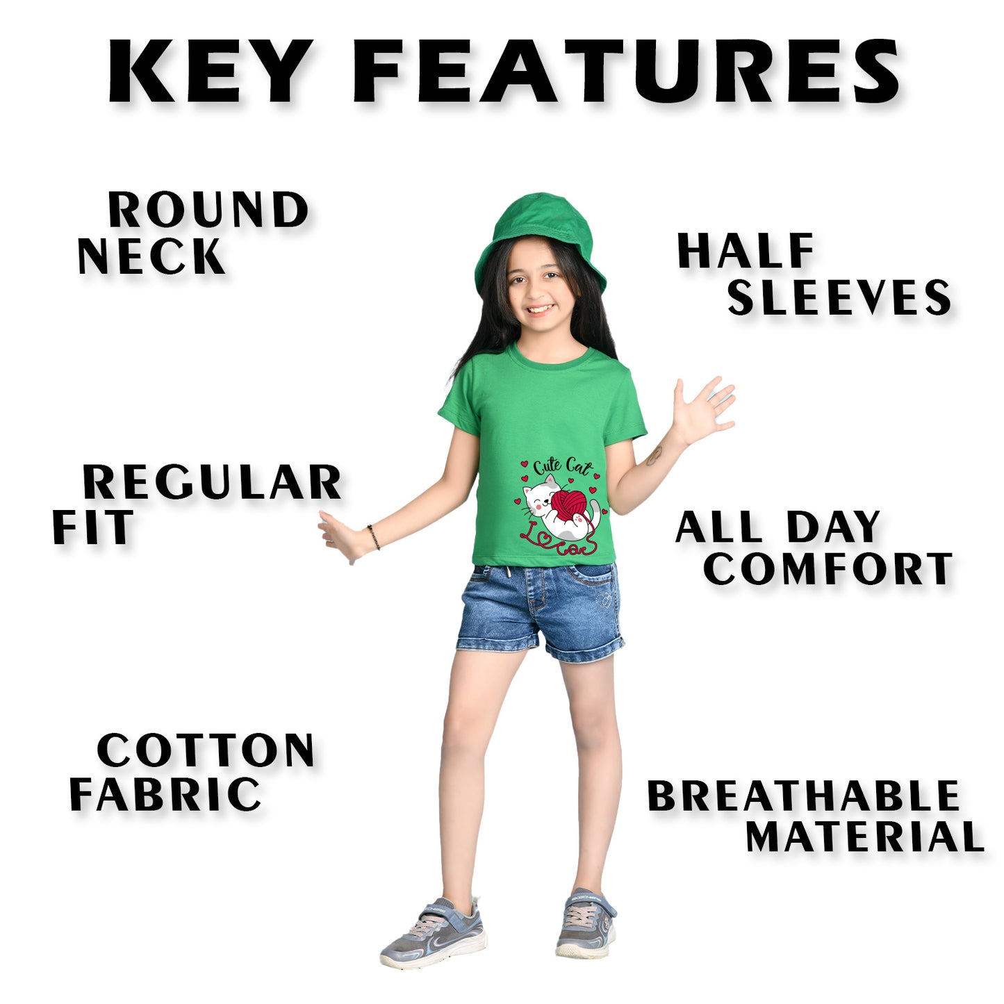 Nusyl Girl's Green Cute cat Printed Regular Fit T-Shirt