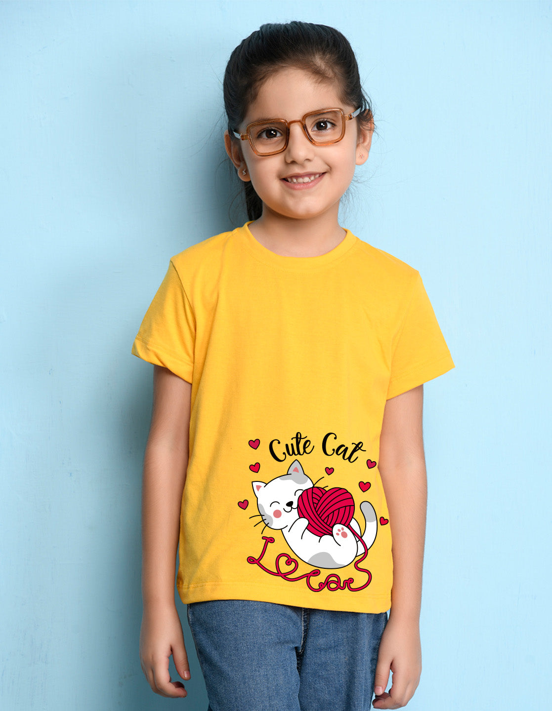 Nusyl Girl's Yellow Cute cat Printed Regular Fit T-Shirt