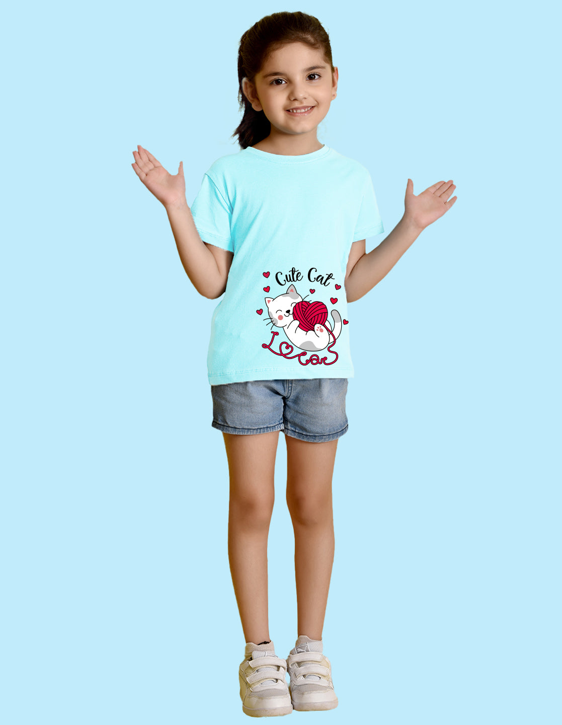 Nusyl Girl's Sky Blue Cute cat Printed Regular Fit T-Shirt