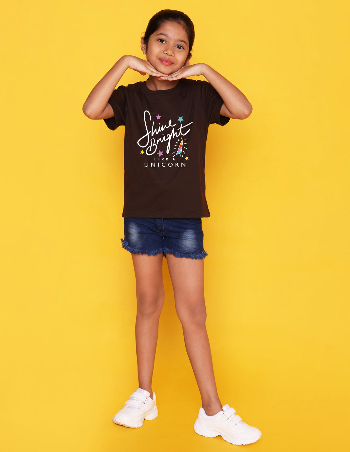 Nusyl Girl's Brown Shine Bright Text Printed Regular Fit T-Shirt