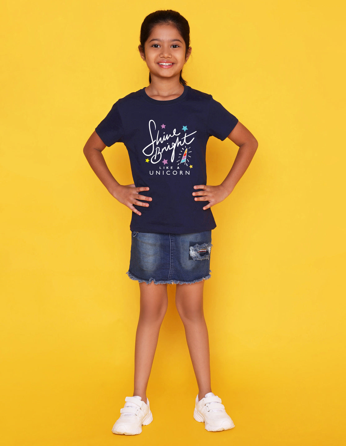 Nusyl Girl's Navy Blue Shine Bright Text Printed Regular Fit T-Shirt