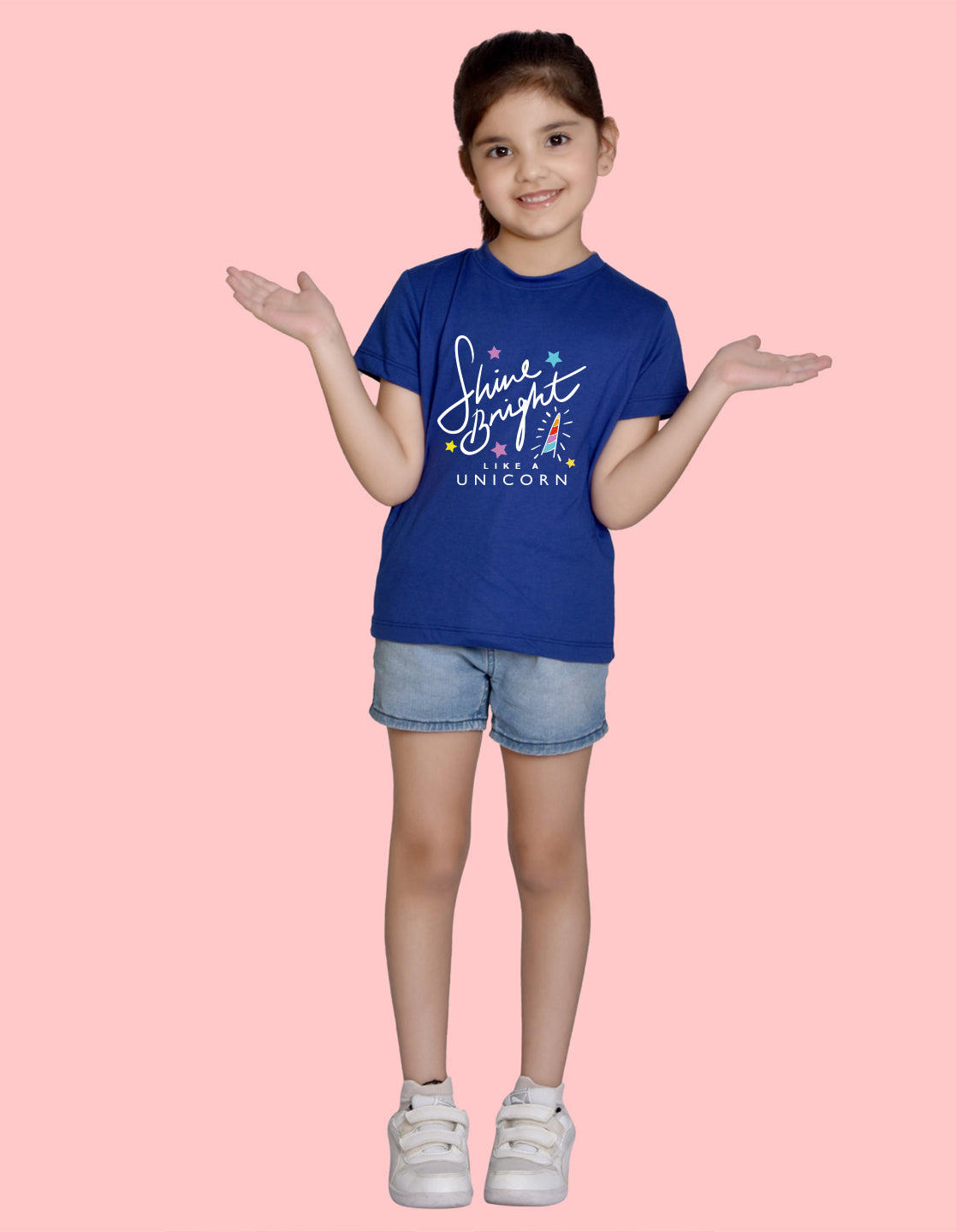 Nusyl Girl's Royal Blue Shine Bright Text Printed Regular Fit T-Shirt
