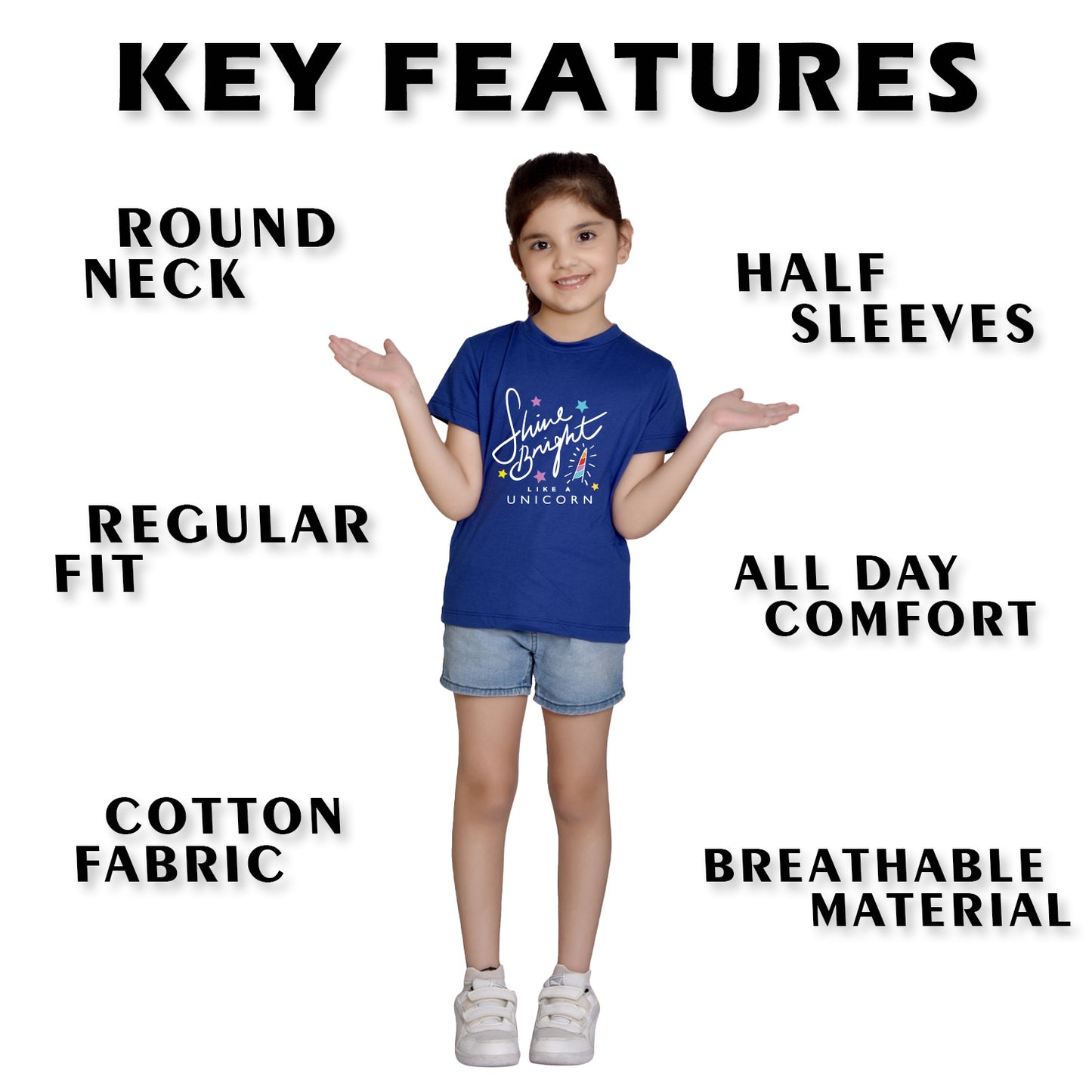Nusyl Girl's Royal Blue Shine Bright Text Printed Regular Fit T-Shirt