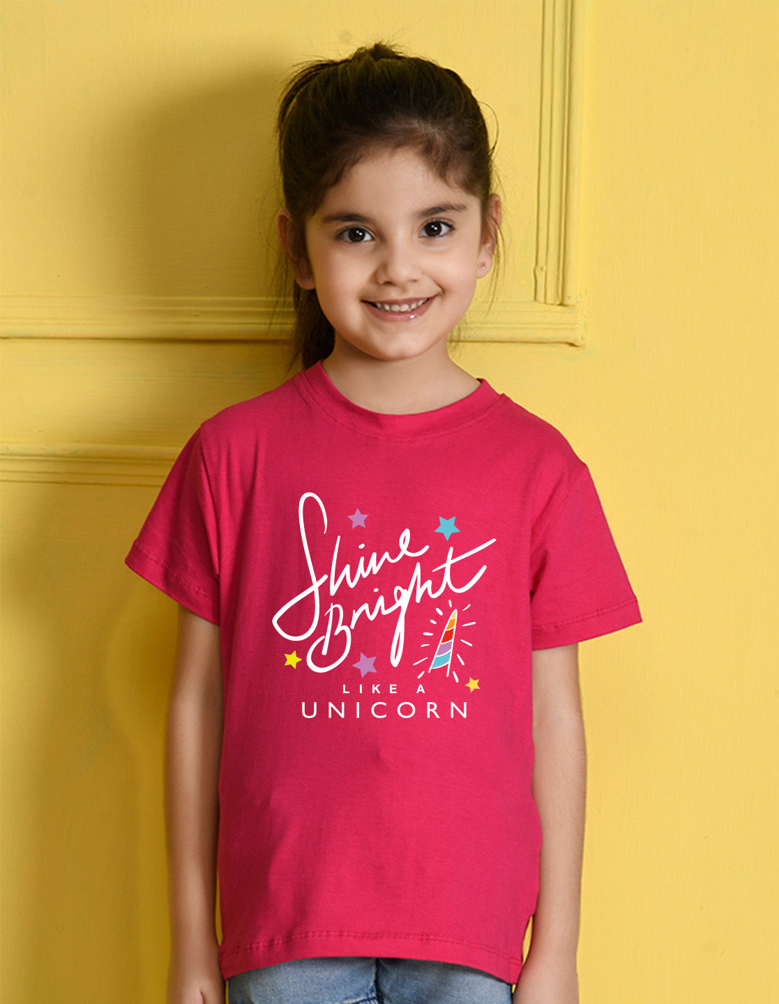 Nusyl Girl's Hot Pink Shine Bright Text Printed Regular Fit T-Shirt