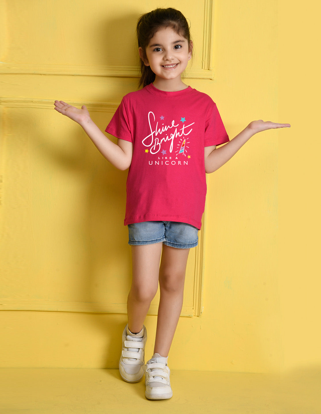 Nusyl Girl's Hot Pink Shine Bright Text Printed Regular Fit T-Shirt