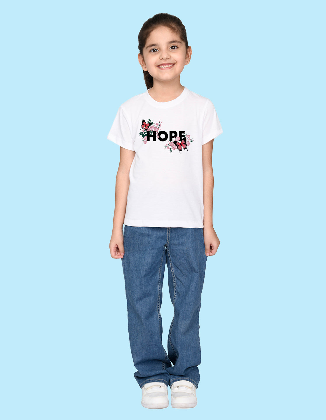 Nusyl Girl's White Butterfly & Hope Text Printed Regular Fit T-Shirt