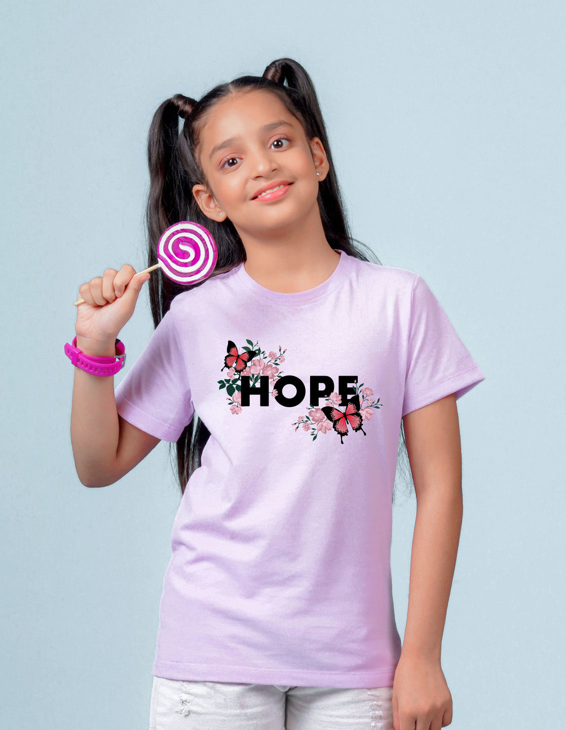Nusyl Girl's Lilac Butterfly & Hope Text Printed Regular Fit T-Shirt