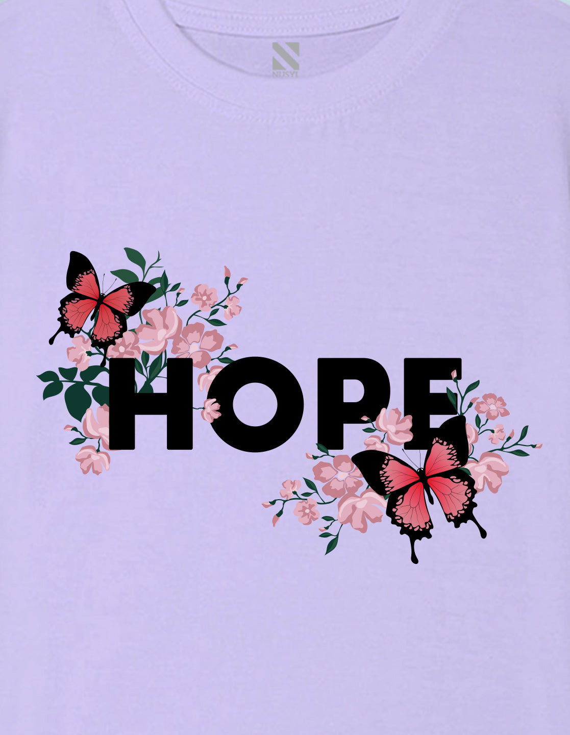 Nusyl Girl's Lilac Butterfly & Hope Text Printed Regular Fit T-Shirt