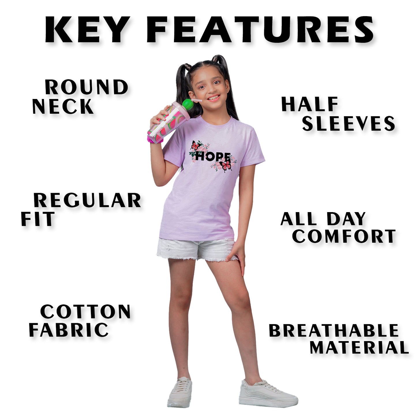Nusyl Girl's Lilac Butterfly & Hope Text Printed Regular Fit T-Shirt