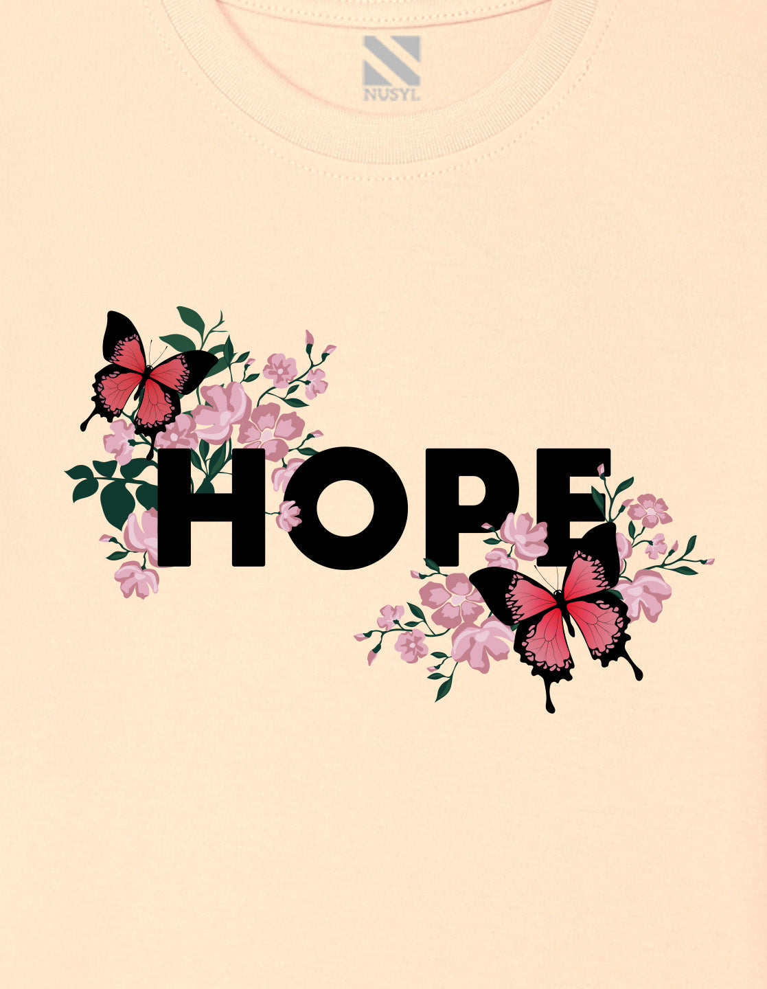 Nusyl Girl's Beige Butterfly & Hope Text Printed Regular Fit T-Shirt