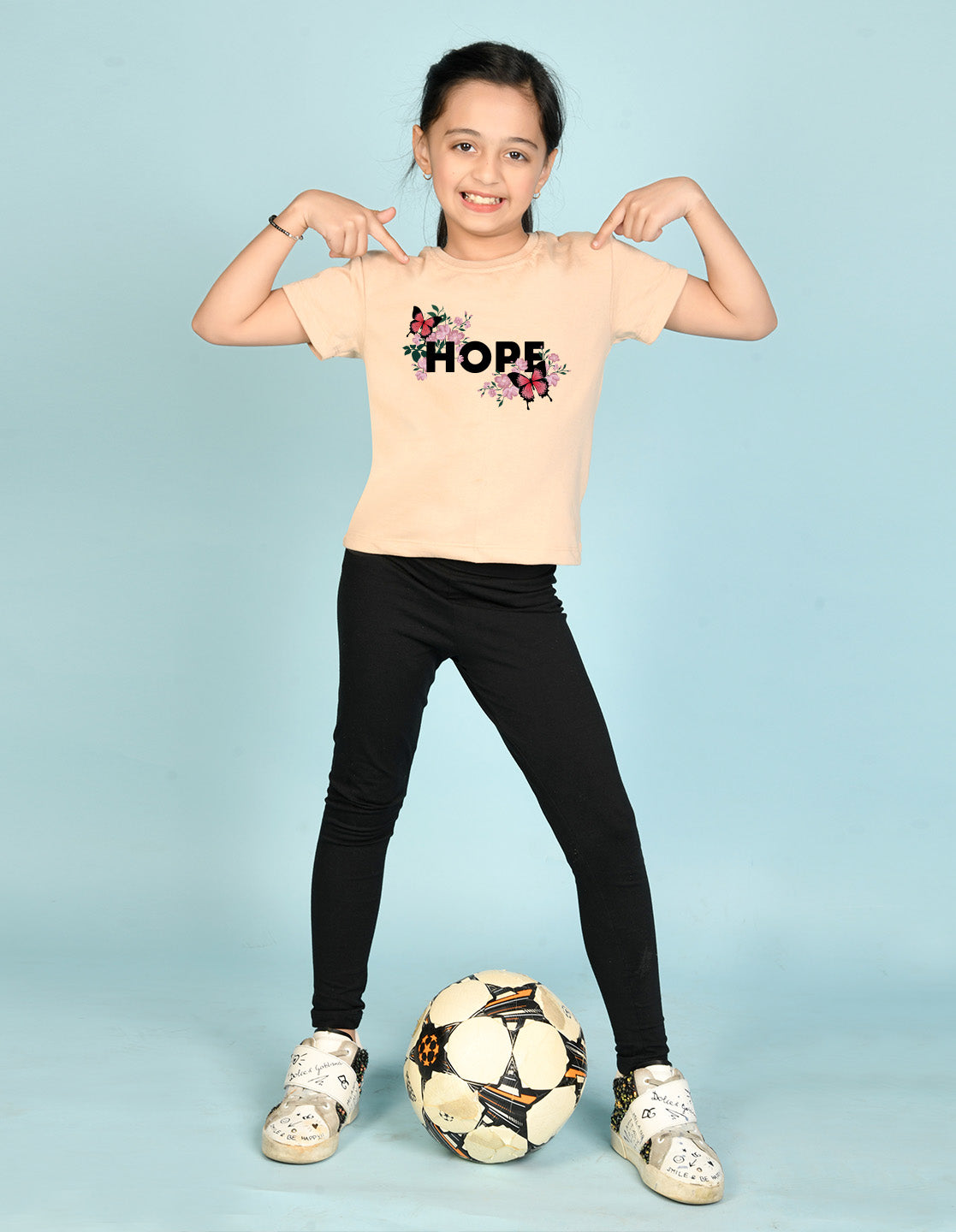Nusyl Girl's Beige Butterfly & Hope Text Printed Regular Fit T-Shirt