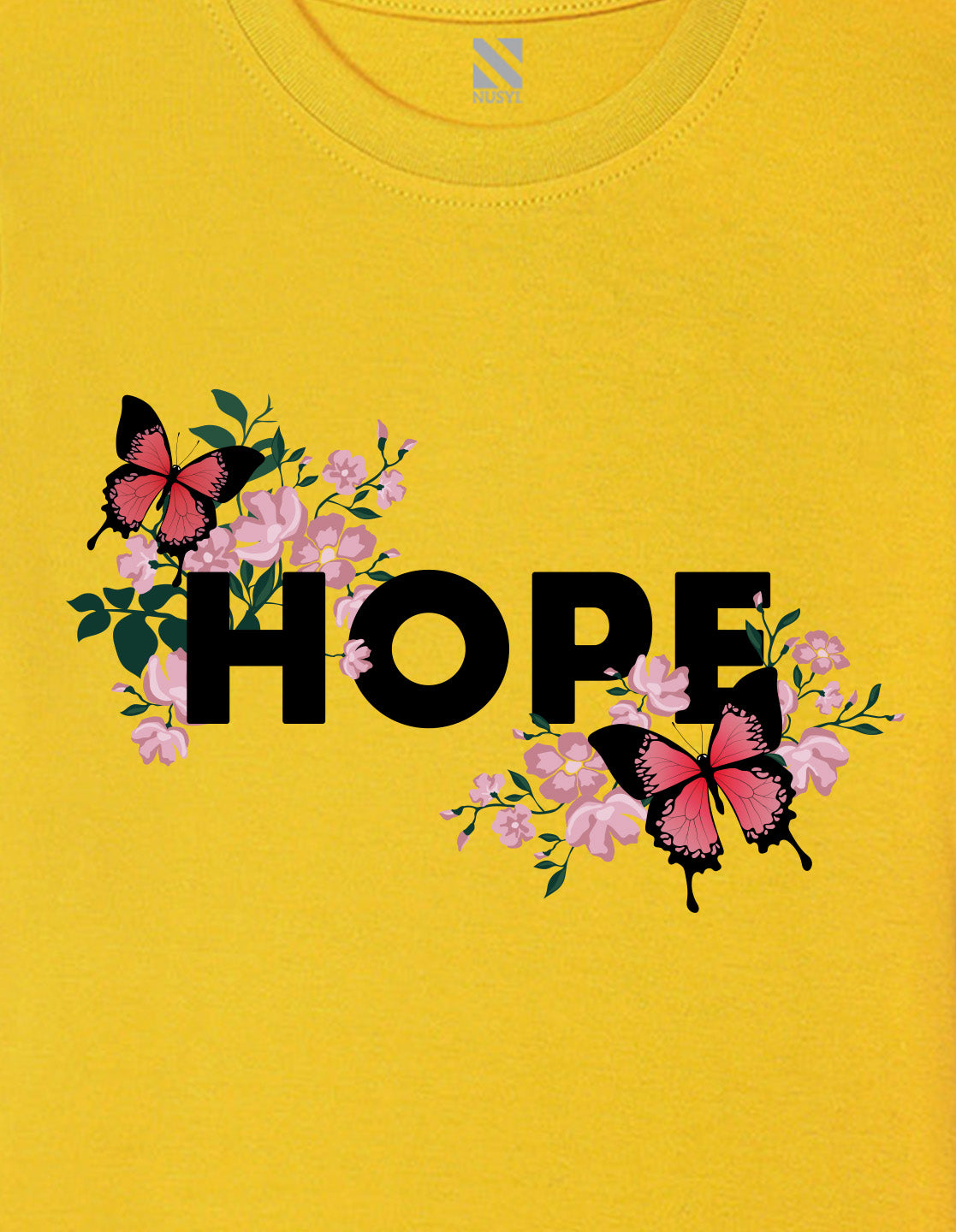 Nusyl Girl's Yellow Butterfly & Hope Text Printed Regular Fit T-Shirt