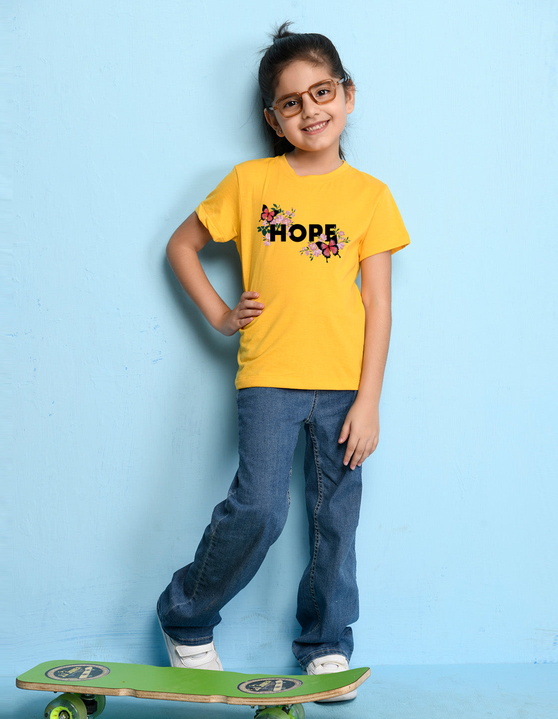Nusyl Girl's Yellow Butterfly & Hope Text Printed Regular Fit T-Shirt