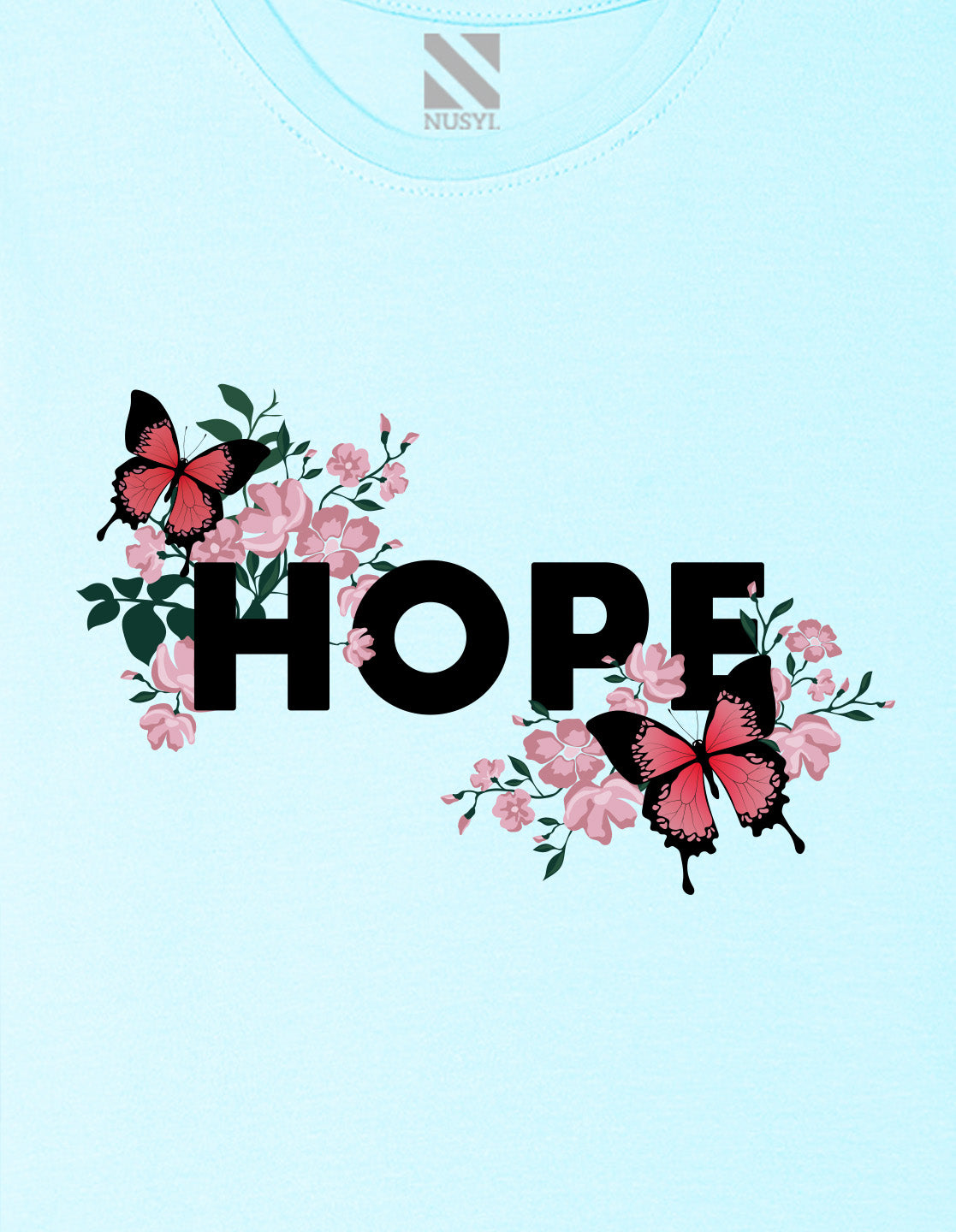 Nusyl Girl's Sky Blue Butterfly & Hope Text Printed Regular Fit T-Shirt