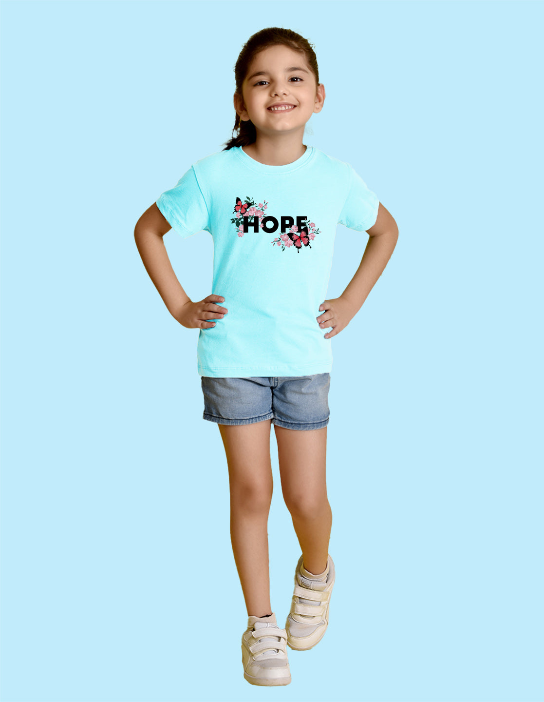 Nusyl Girl's Sky Blue Butterfly & Hope Text Printed Regular Fit T-Shirt