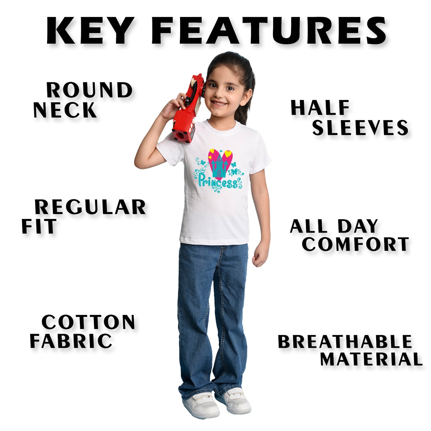 Nusyl Girl's White Princess Text Printed Regular Fit T-Shirt