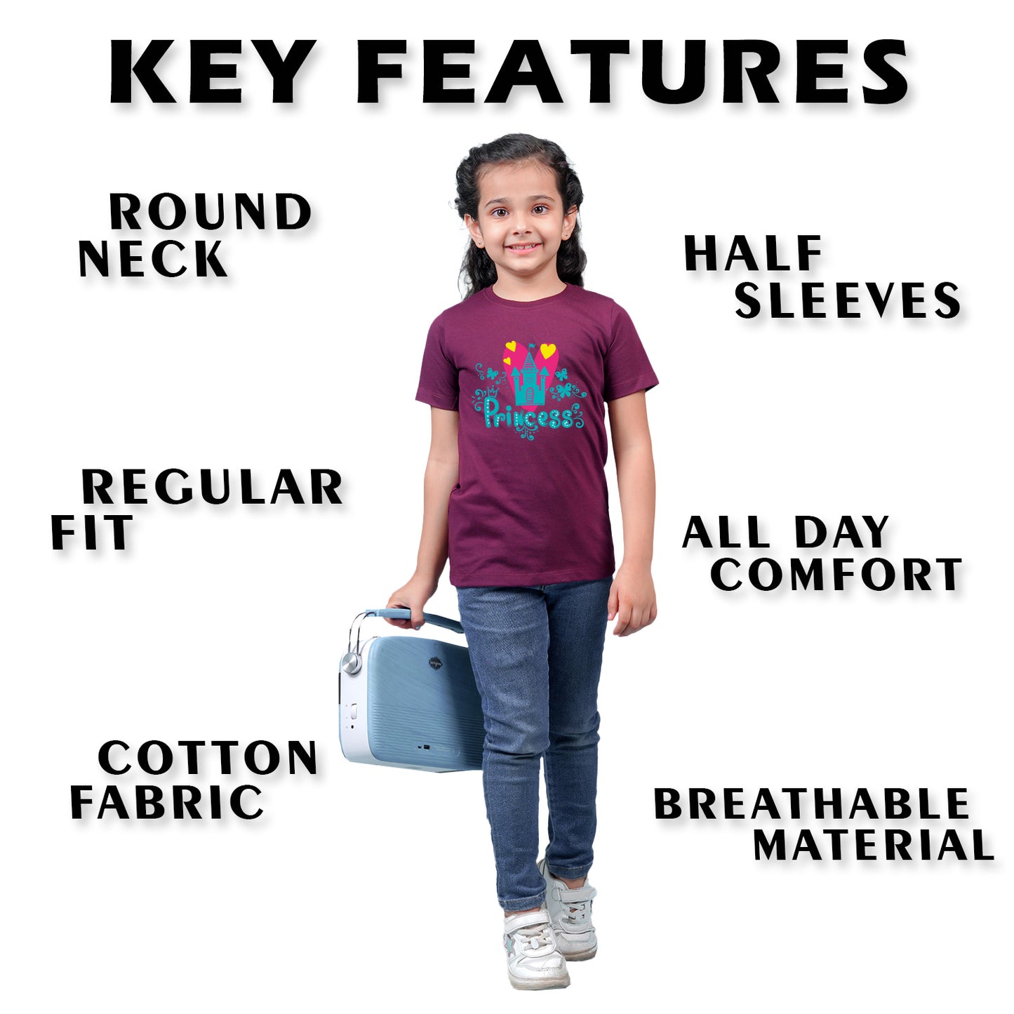 Nusyl Girl's Wine Princess Text Printed Regular Fit T-Shirt