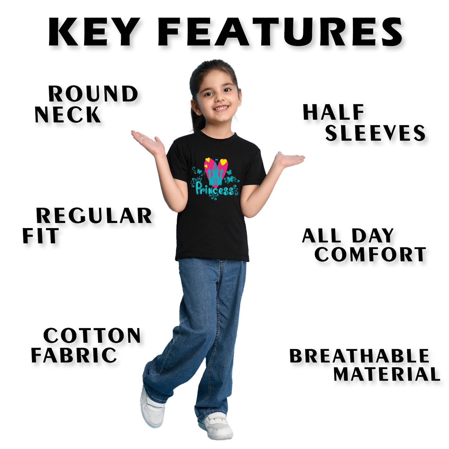 Nusyl Girl's Black Princess Text Printed Regular Fit T-Shirt