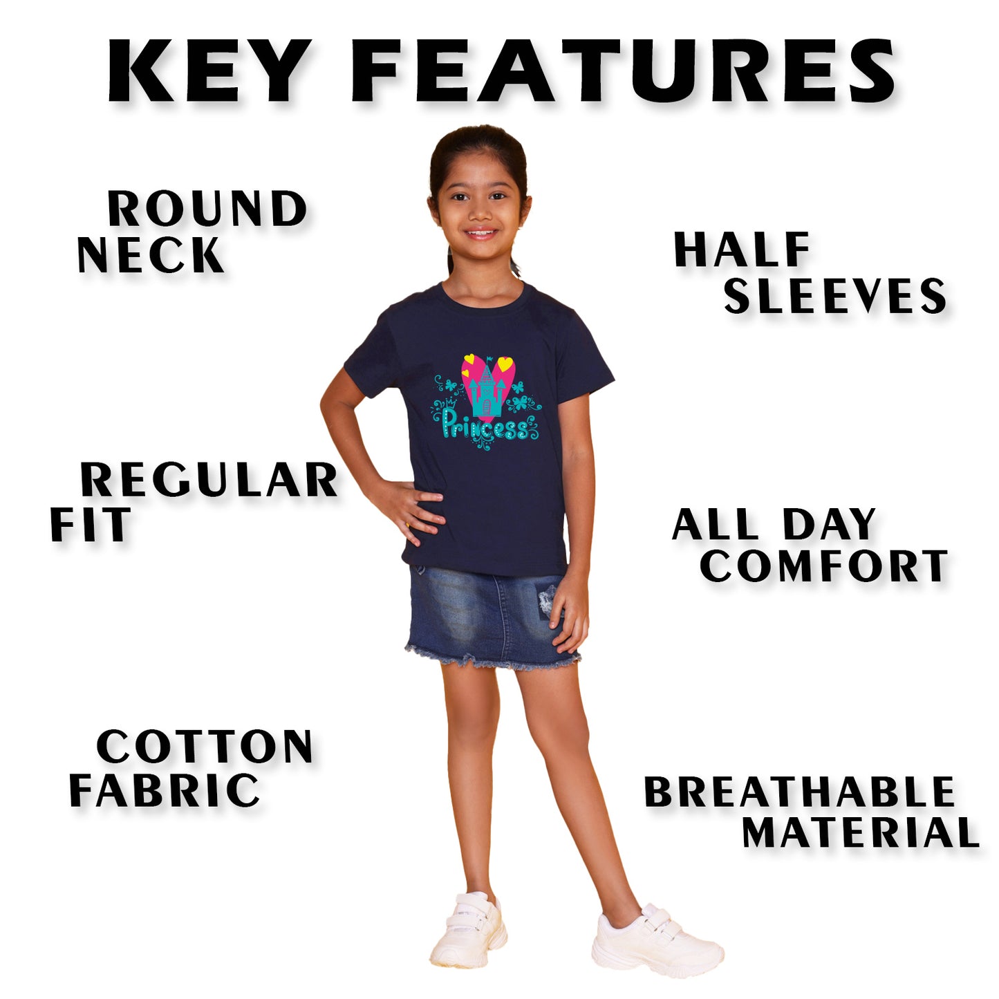 Nusyl Girl's Navy Blue Princess Text Printed Regular Fit T-Shirt