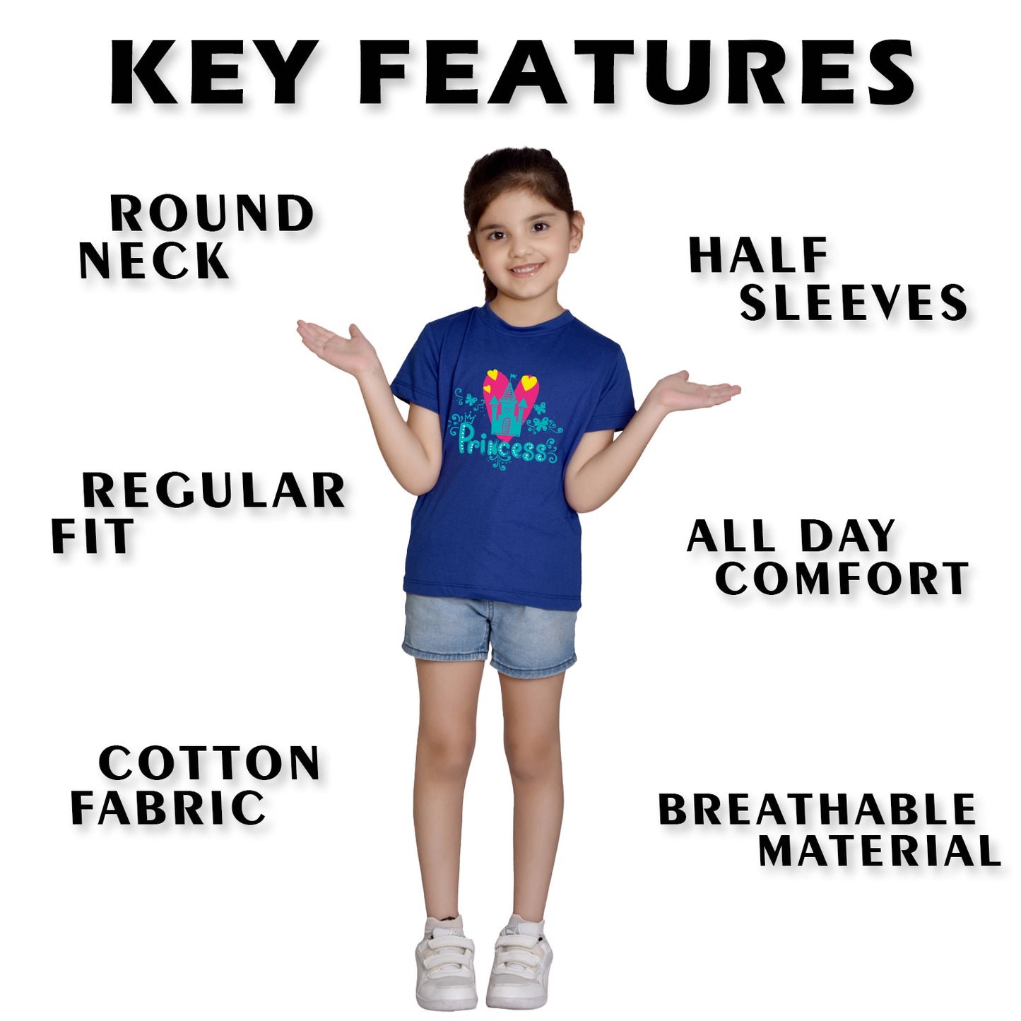Nusyl Girl's Royal Blue Princess Text Printed Regular Fit T-Shirt