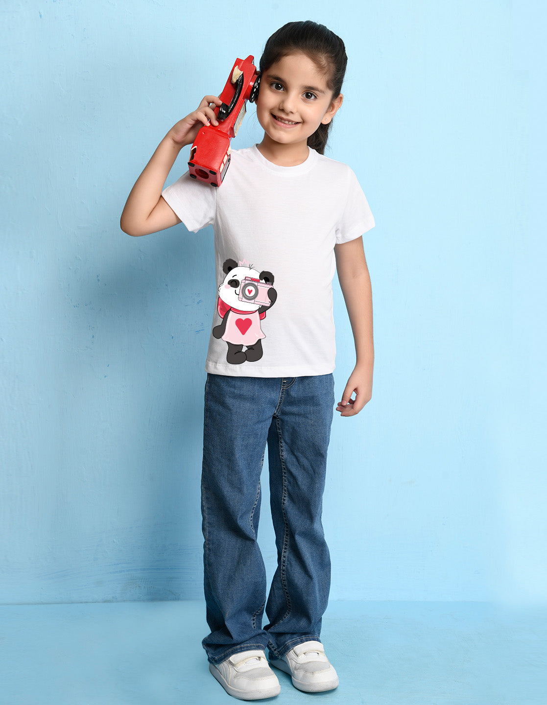 Nusyl Girl's White Panda Printed Regular Fit T-Shirt