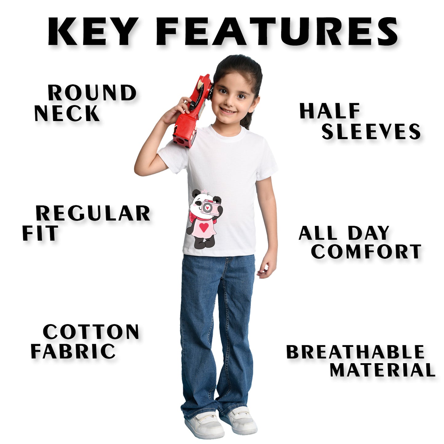 Nusyl Girl's White Panda Printed Regular Fit T-Shirt