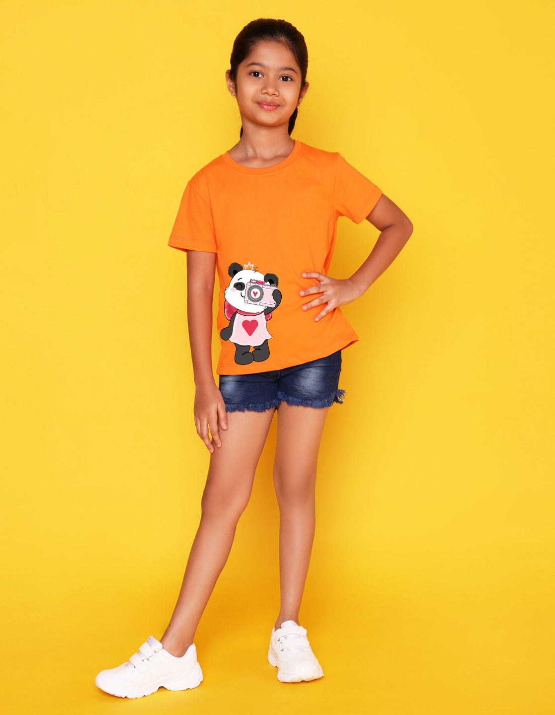 Nusyl Girl's Orange Panda Printed Regular Fit T-Shirt