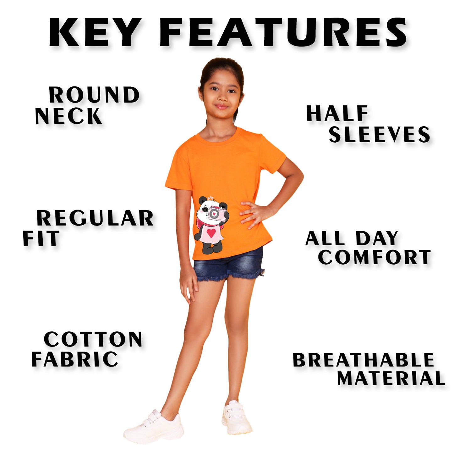 Nusyl Girl's Orange Panda Printed Regular Fit T-Shirt
