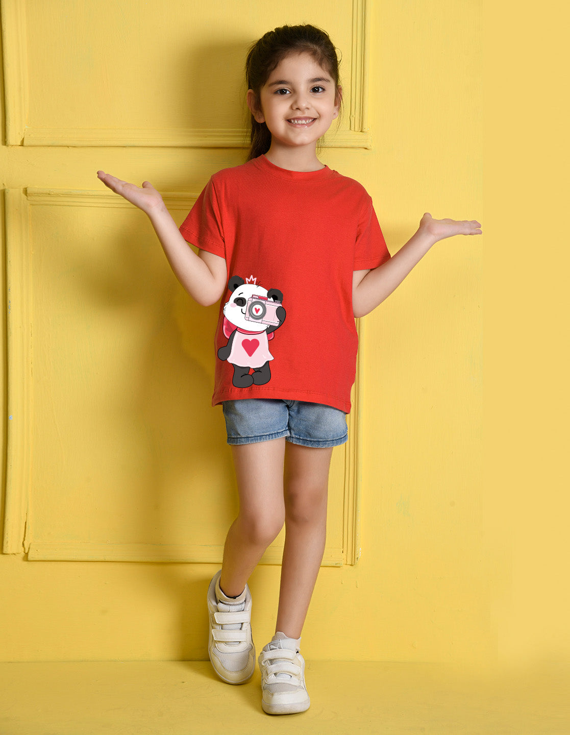 Nusyl Girl's Red Panda Printed Regular Fit T-Shirt
