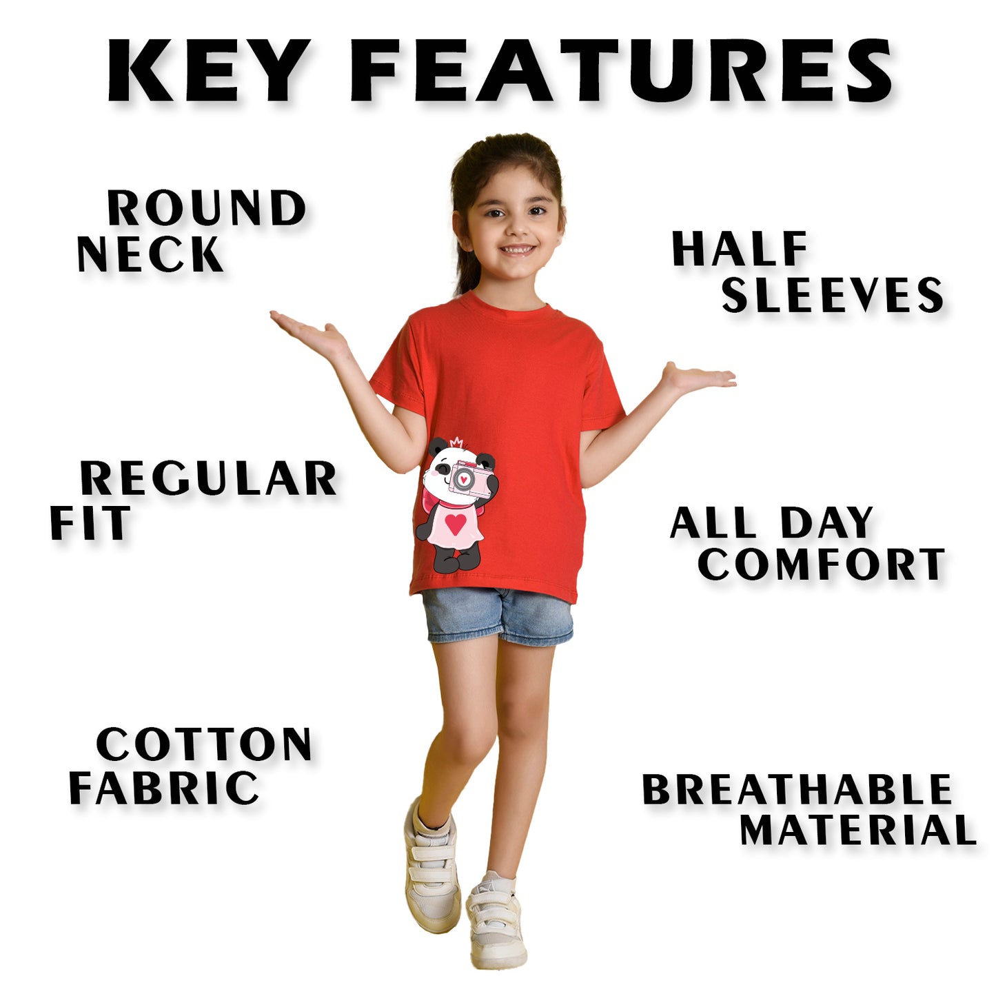 Nusyl Girl's Red Panda Printed Regular Fit T-Shirt