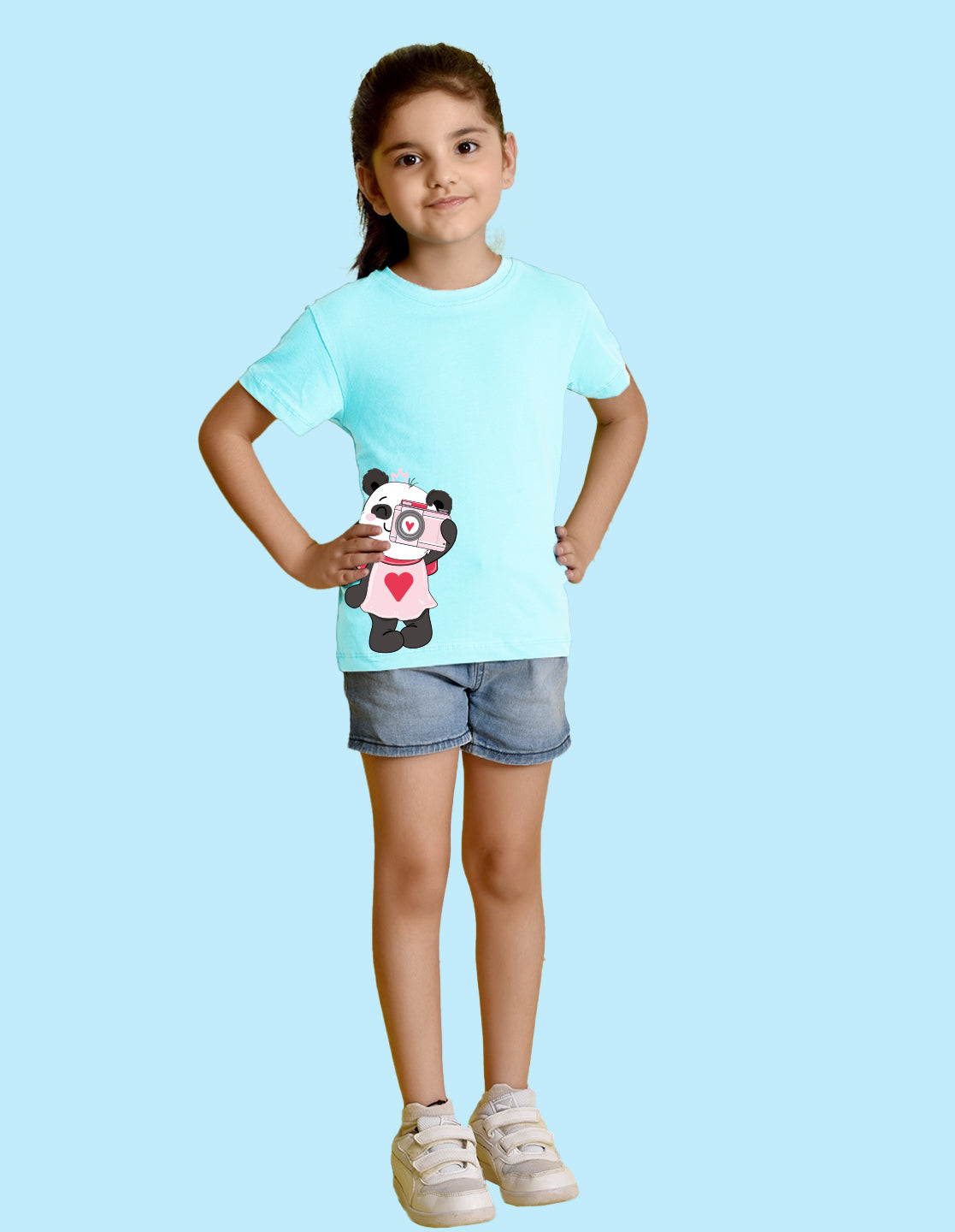 Nusyl Girl's Sky Blue Panda Printed Regular Fit T-Shirt