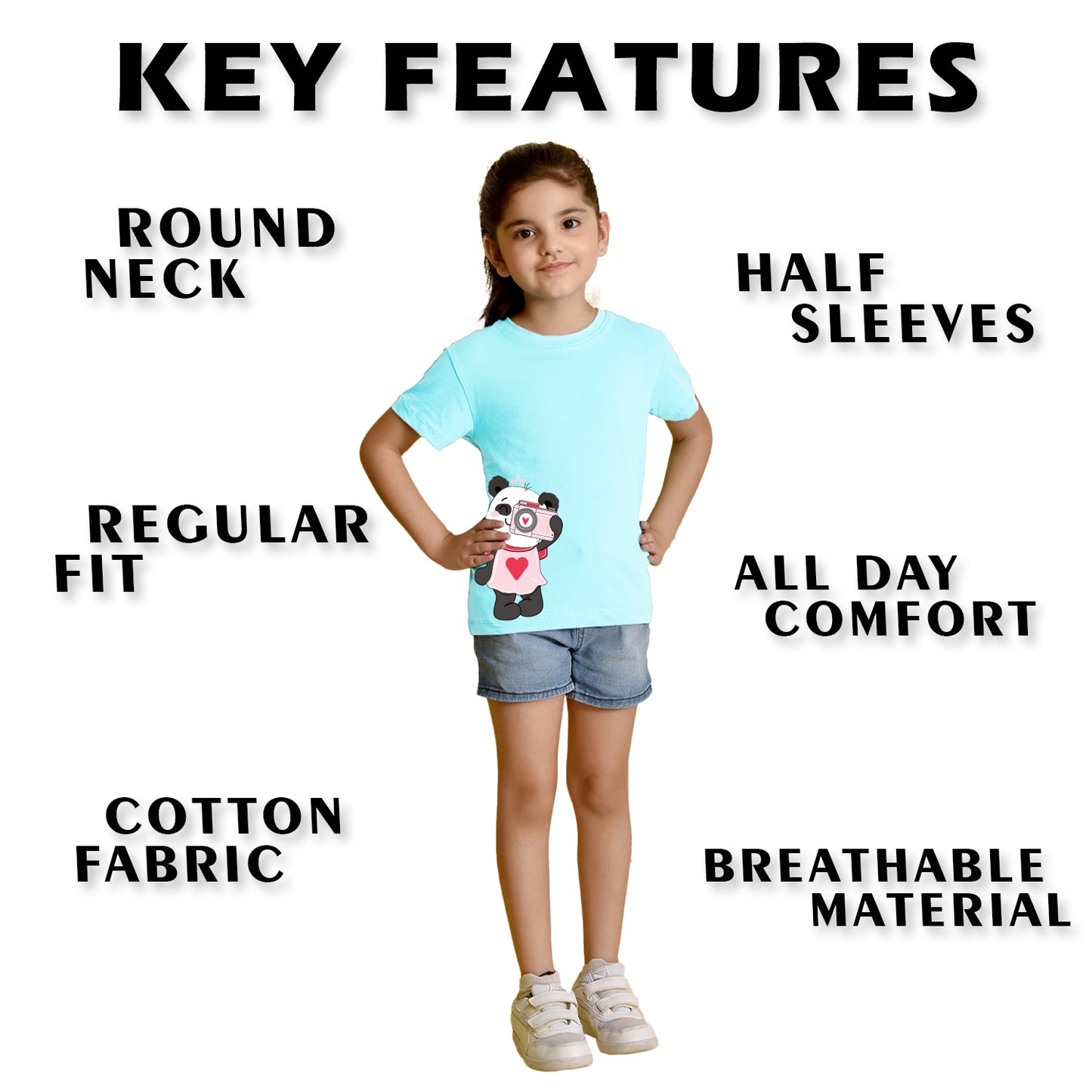 Nusyl Girl's Sky Blue Panda Printed Regular Fit T-Shirt