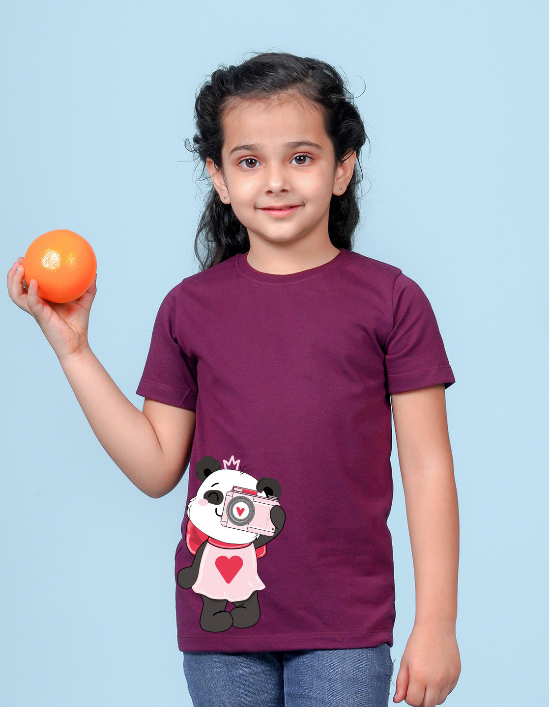 Nusyl Girl's Wine Panda Printed Regular Fit T-Shirt