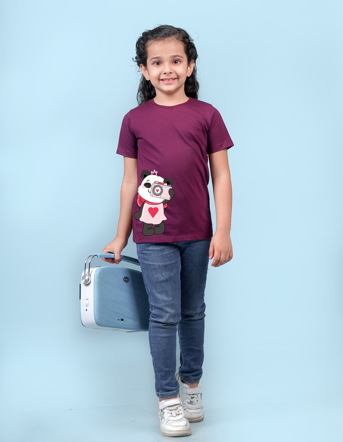 Nusyl Girl's Wine Panda Printed Regular Fit T-Shirt