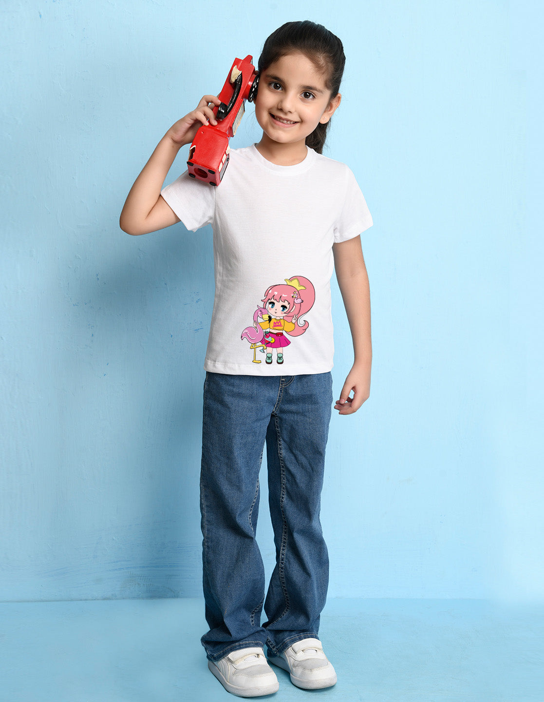 Nusyl Girl's White Flamingo Cute Girl Printed Regular Fit T-Shirt