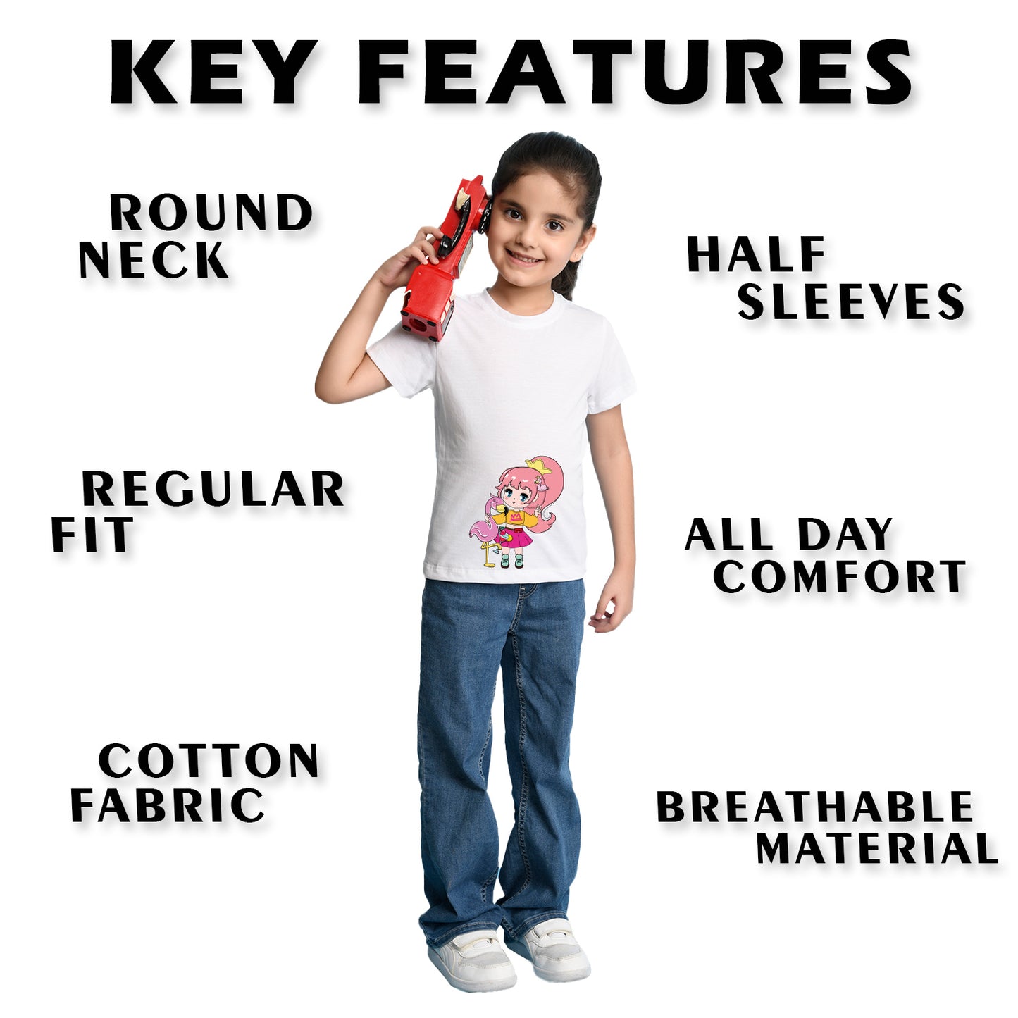 Nusyl Girl's White Flamingo Cute Girl Printed Regular Fit T-Shirt