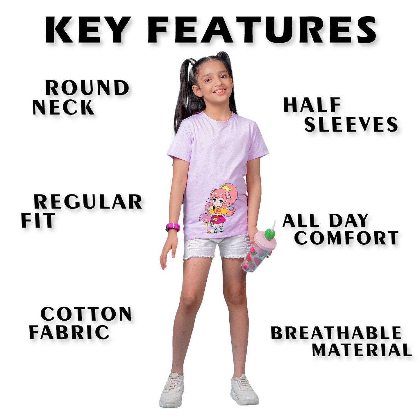 Nusyl Girl's Lilac Flamingo Cute Girl Printed Regular Fit T-Shirt