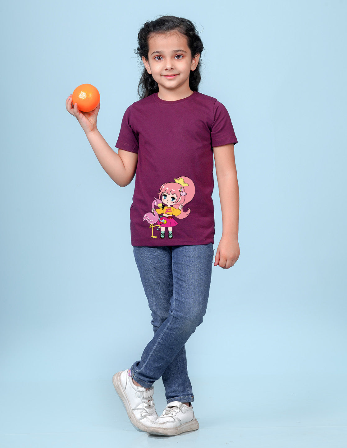 Nusyl Girl's Wine Flamingo Cute Girl Printed Regular Fit T-Shirt