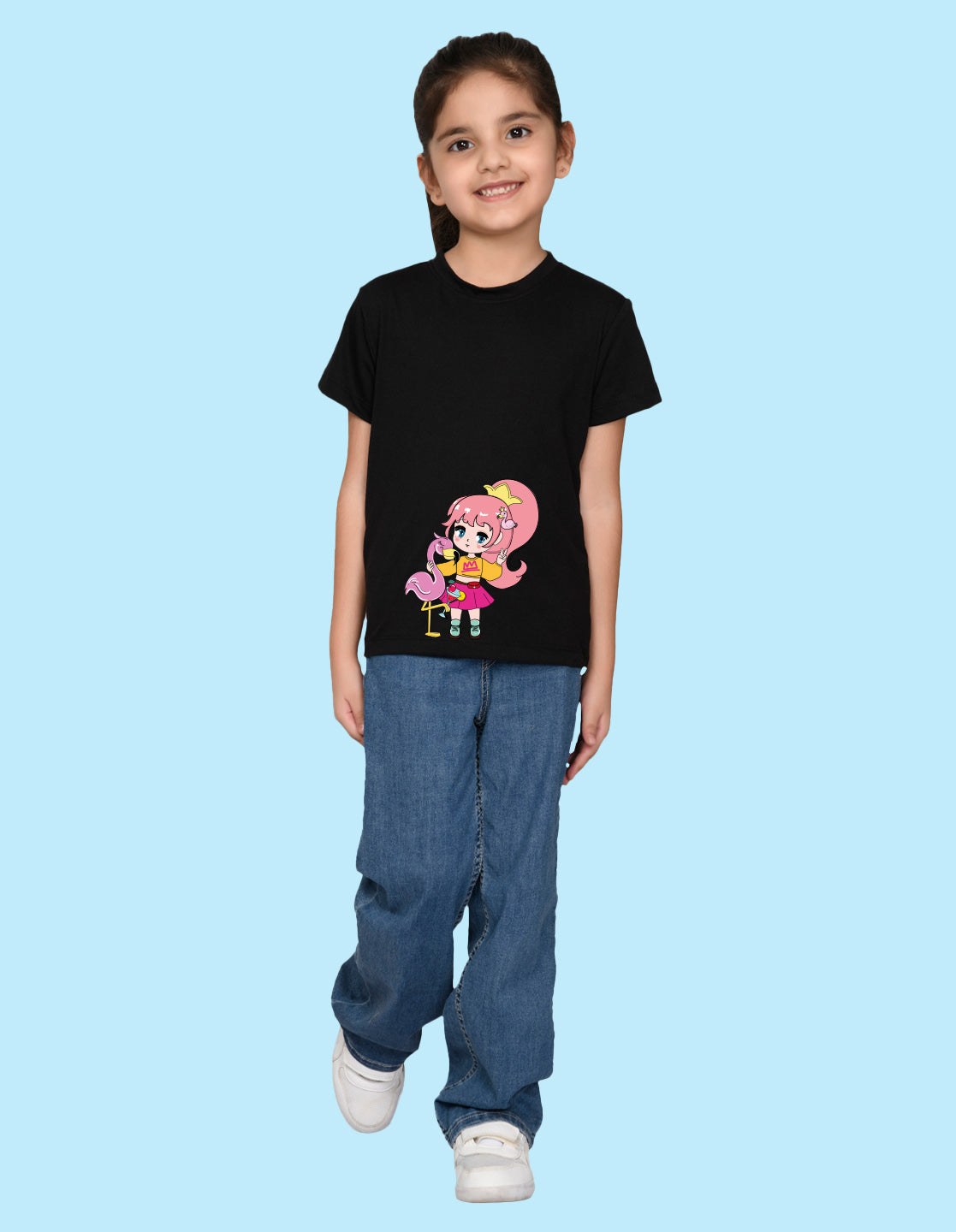 Nusyl Girl's Black Flamingo Cute Girl Printed Regular Fit T-Shirt