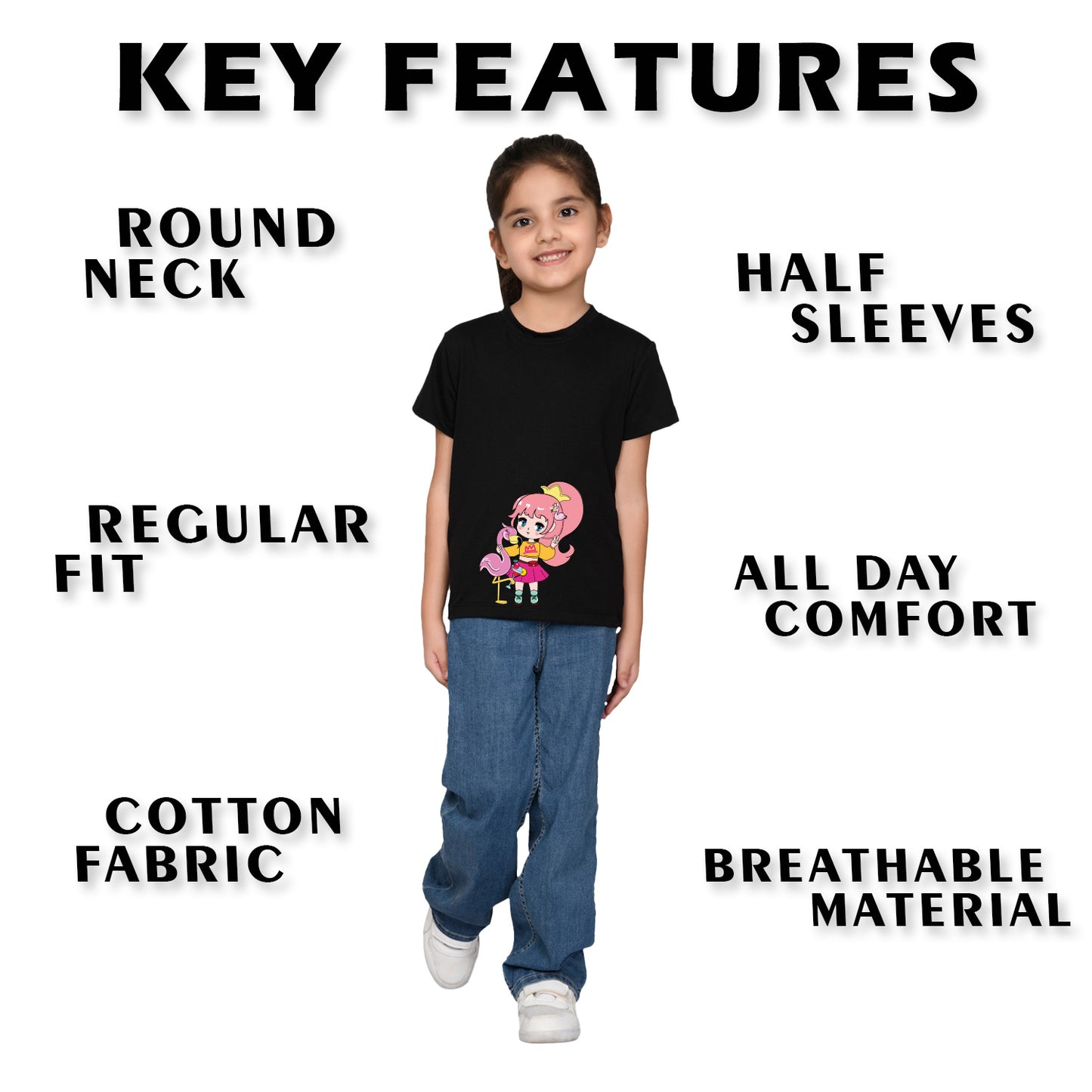 Nusyl Girl's Black Flamingo Cute Girl Printed Regular Fit T-Shirt
