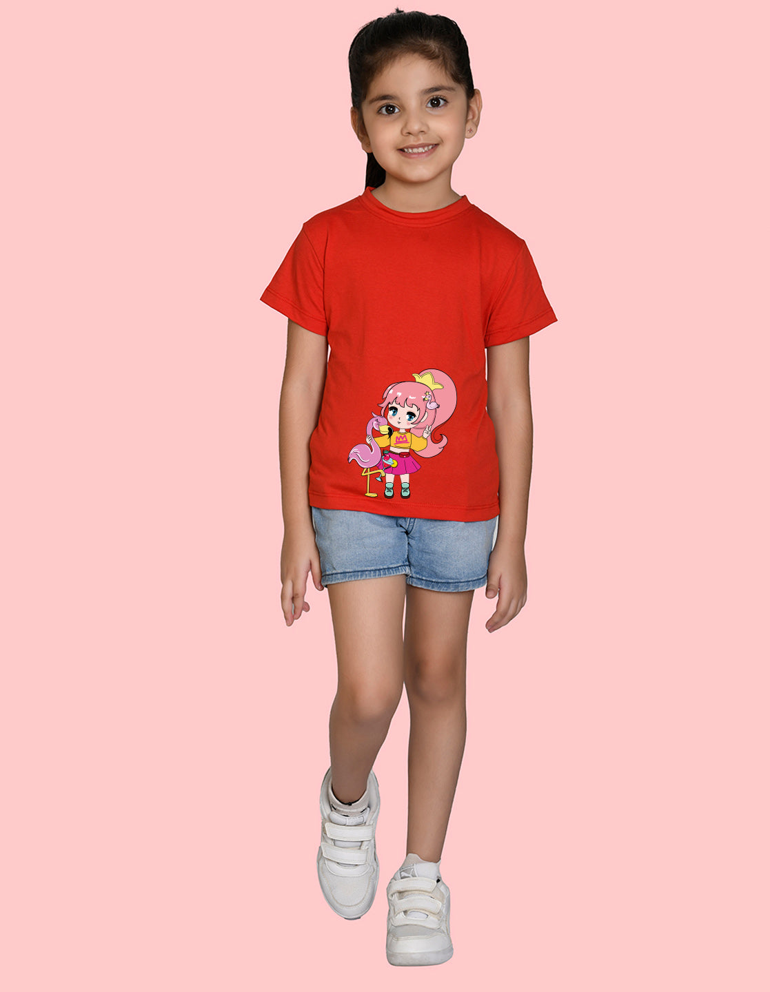 Nusyl Girl's Red Flamingo Cute Girl Printed Regular Fit T-Shirt