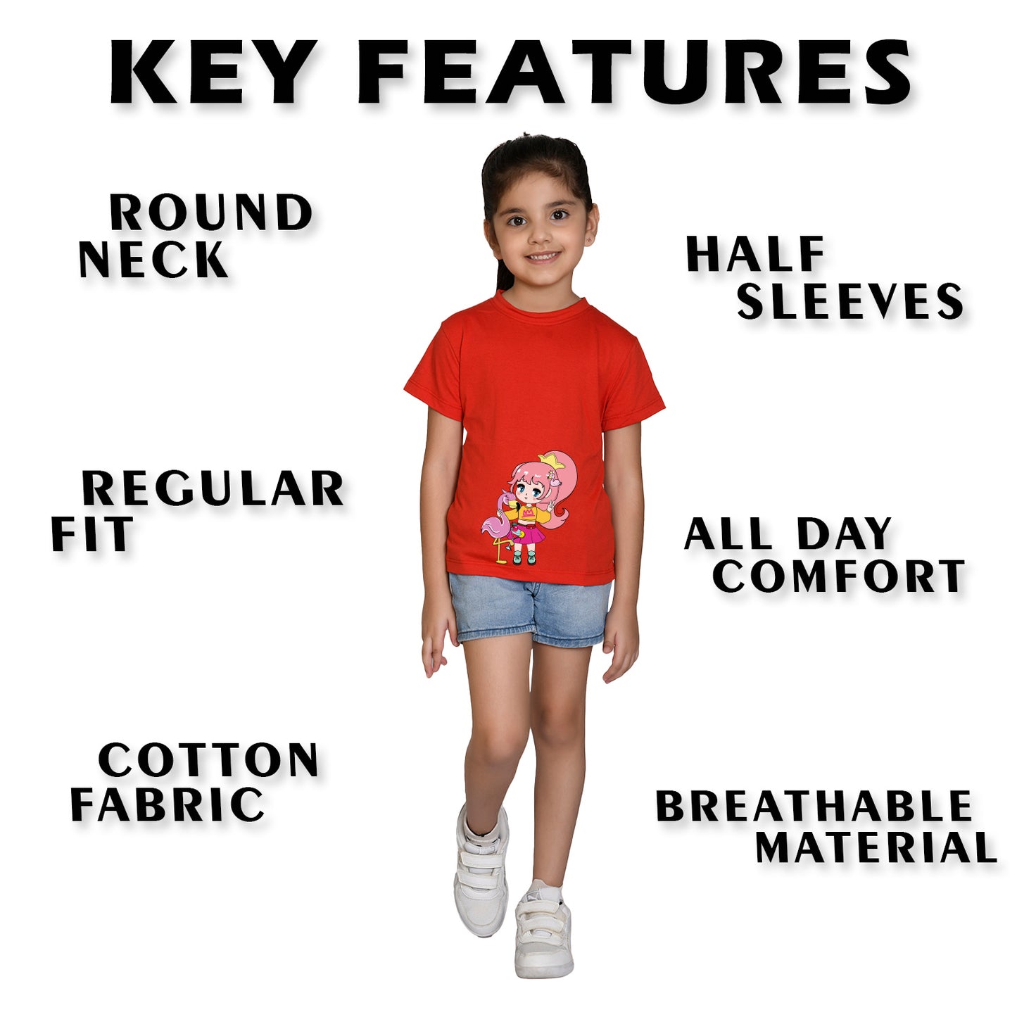 Nusyl Girl's Red Flamingo Cute Girl Printed Regular Fit T-Shirt