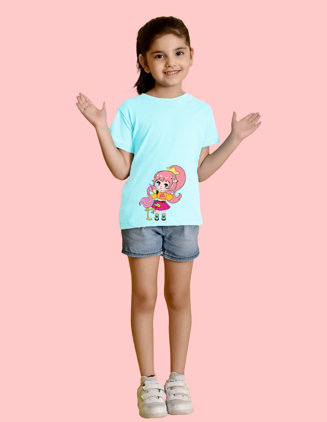 Nusyl Girl's Sky Blue Flamingo Cute Girl Printed Regular Fit T-Shirt