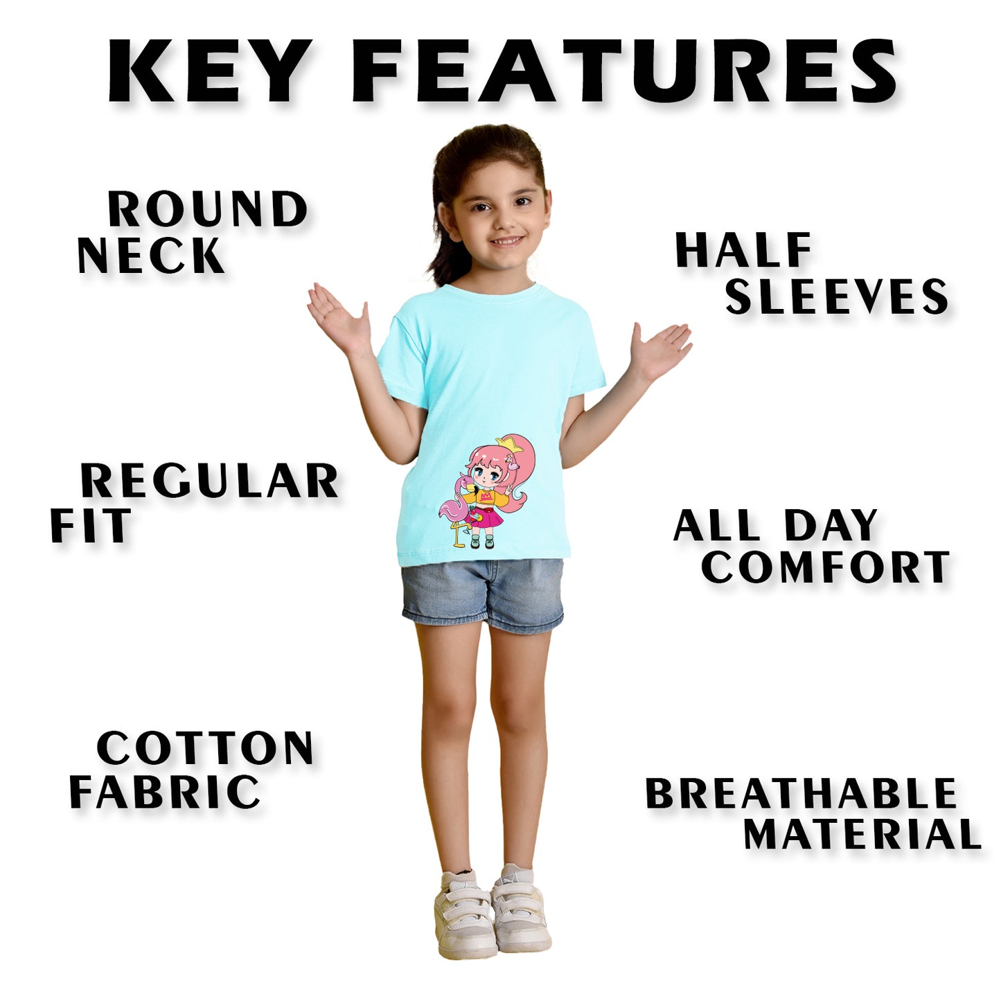 Nusyl Girl's Sky Blue Flamingo Cute Girl Printed Regular Fit T-Shirt