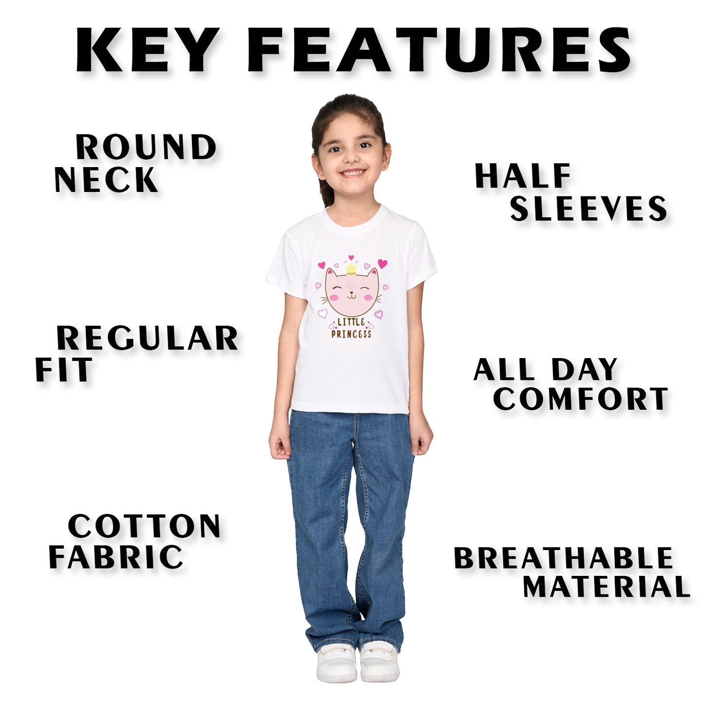Nusyl Girl's White Little Princess Text Printed Regular Fit T-Shirt