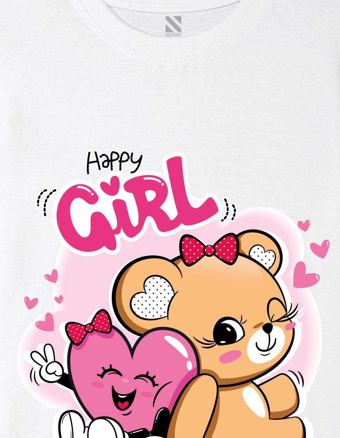 Nusyl Girl's White Cute Teddy Bear & Text Printed Regular Fit T-Shirt