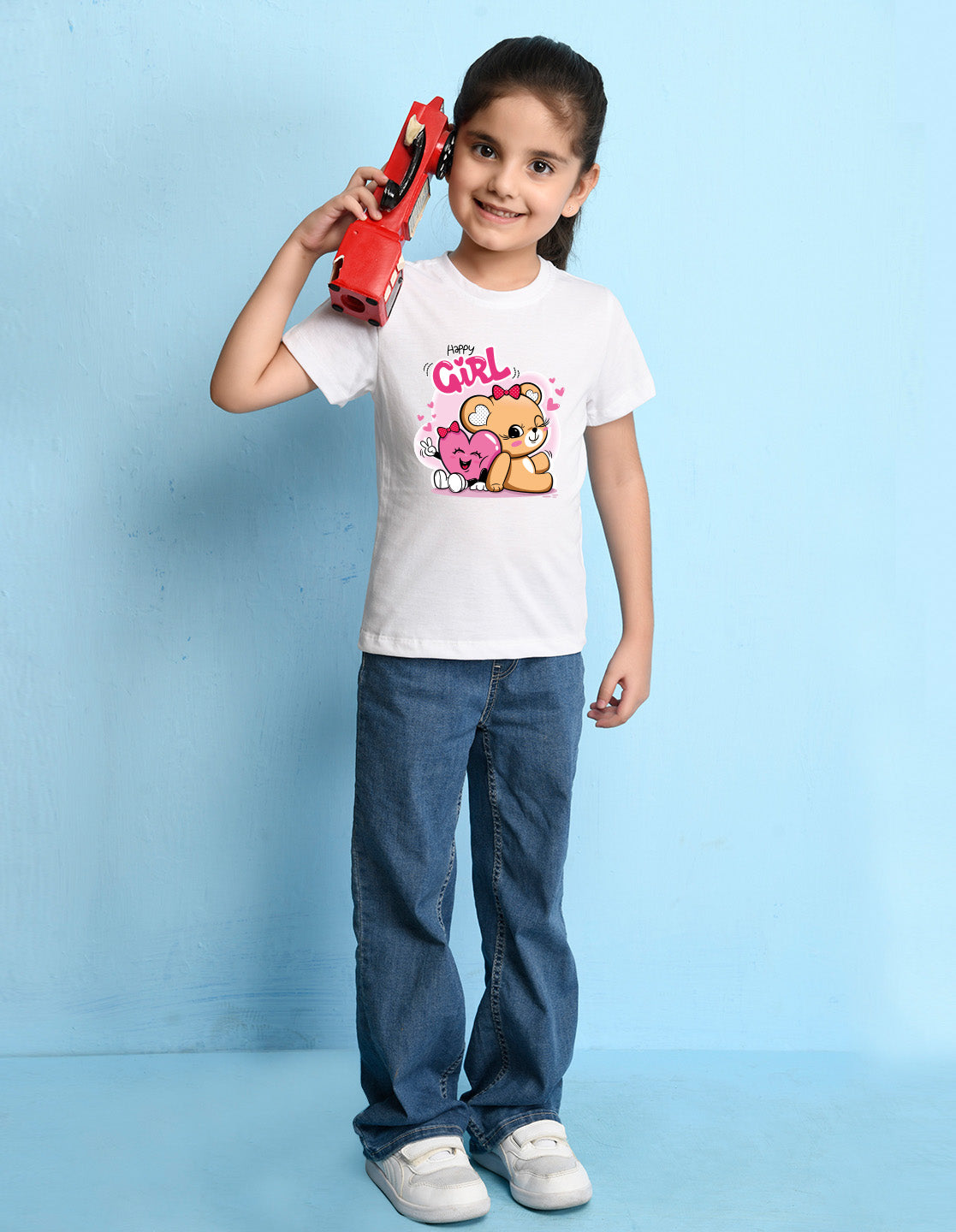 Nusyl Girl's White Cute Teddy Bear & Text Printed Regular Fit T-Shirt